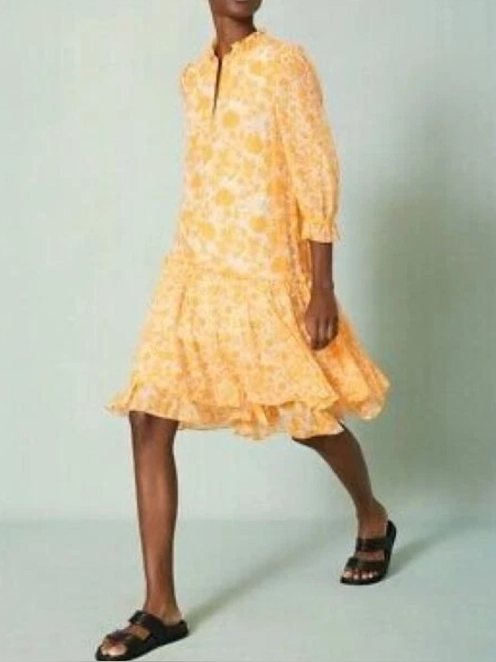 ME+EM  Yellow White Printed Cotton-Silk Blend Dress